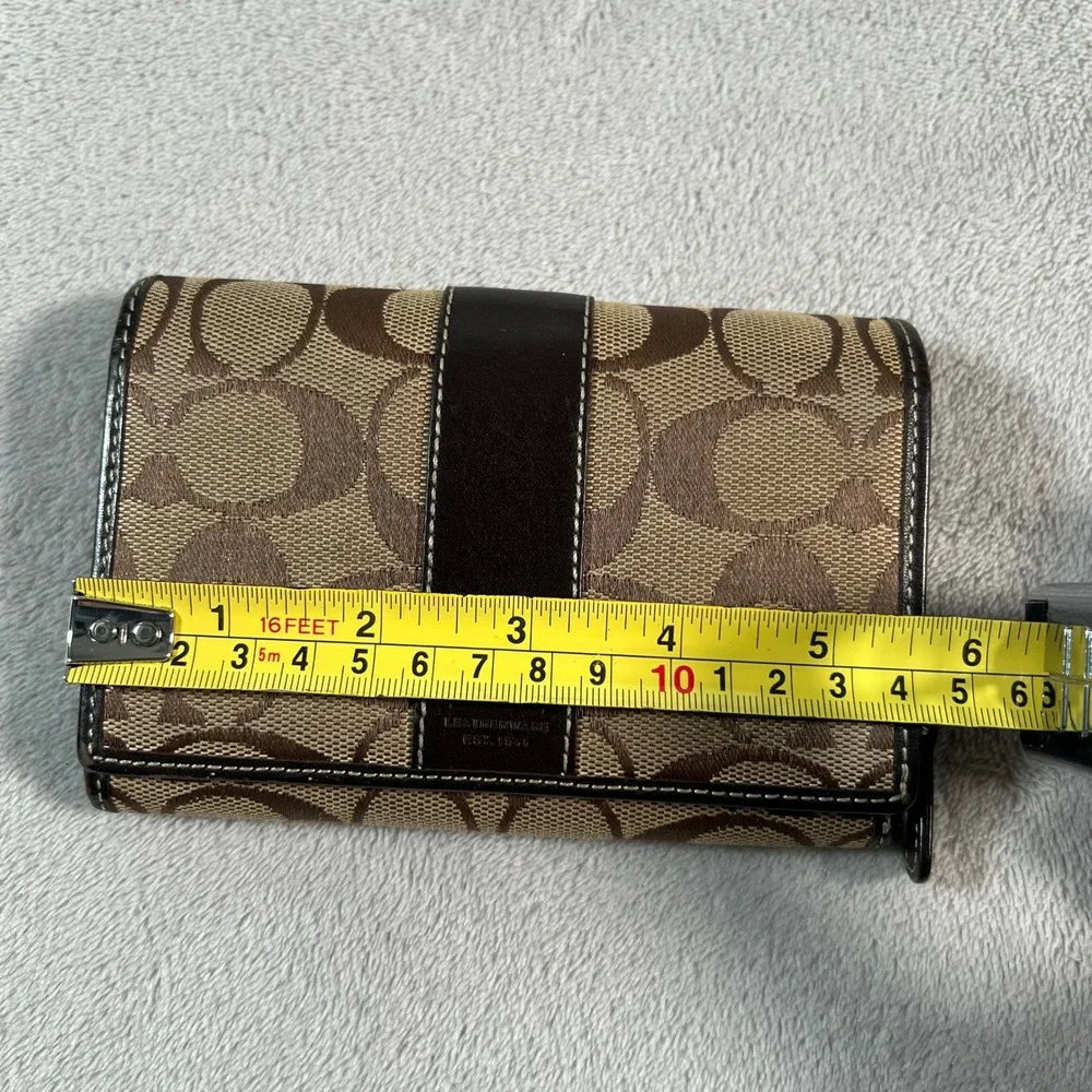 Coach Signature Jacquard Medium Wallet Brown Leather Trim Zip Pocket 5.5x4